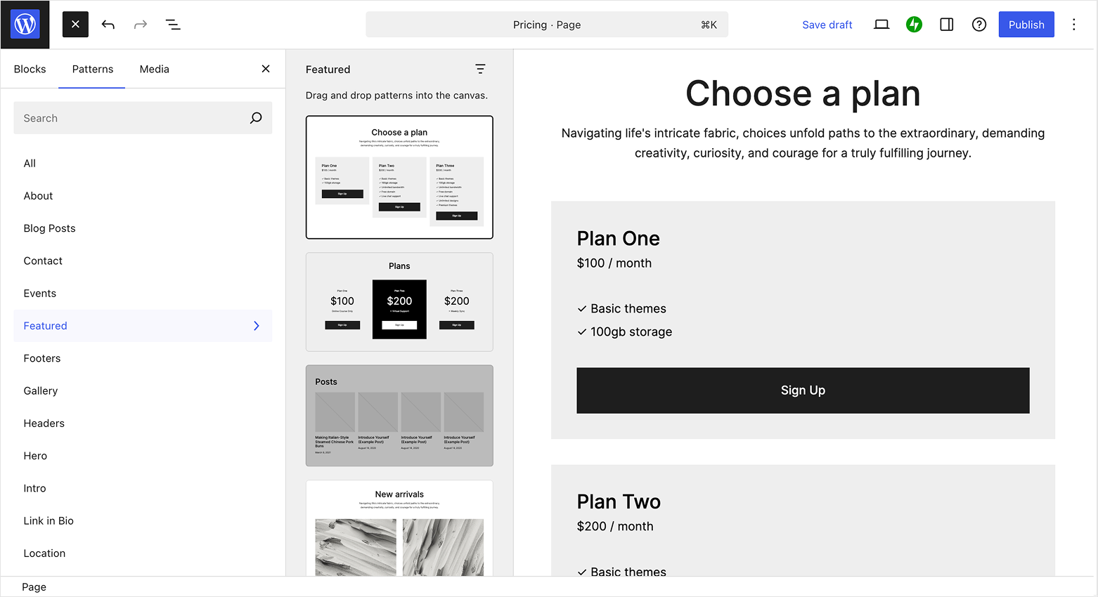 WordPress page editor screen with the pattern inserter open on the left. It is showing multiple patterns to add to the content.