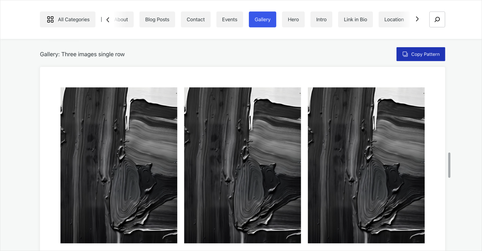 WordPress.com page from the pattern library. It shows an example pattern of a gallery with three images. Above the pattern is a "Copy Pattern" button.