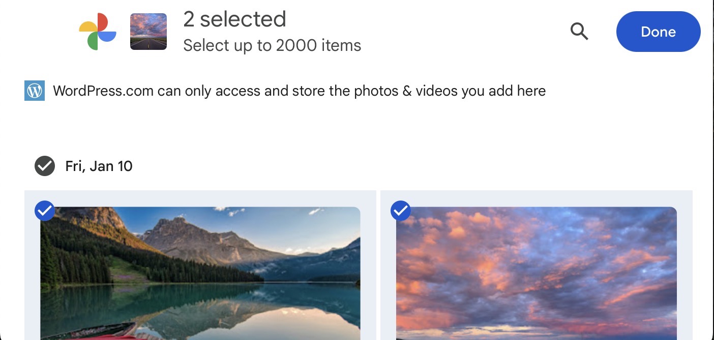 The Google Photos window open with two images selected.