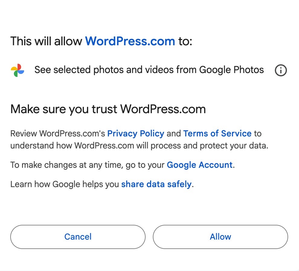 The pop-up asking for approval to connect your Google Account, with buttons for Cancel and Allow.