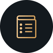 Gold checklist icon representing content workflow for a digital solution on a black circular background.