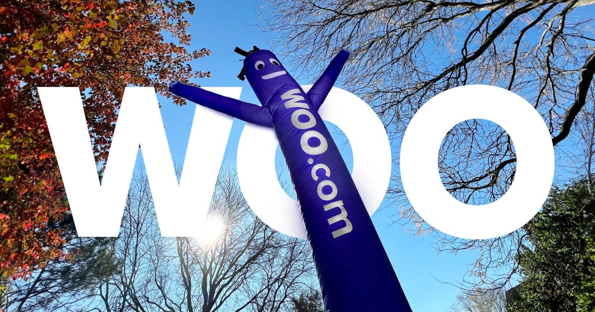 purple inflatable noodle man with "woo.com" on him, in front of the word "Woo"
