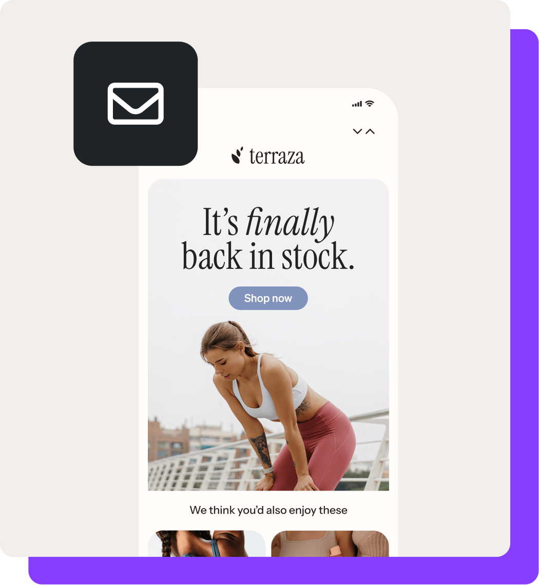 A back-in-stock email from a fitness brand called Terraza, and an envelope icon