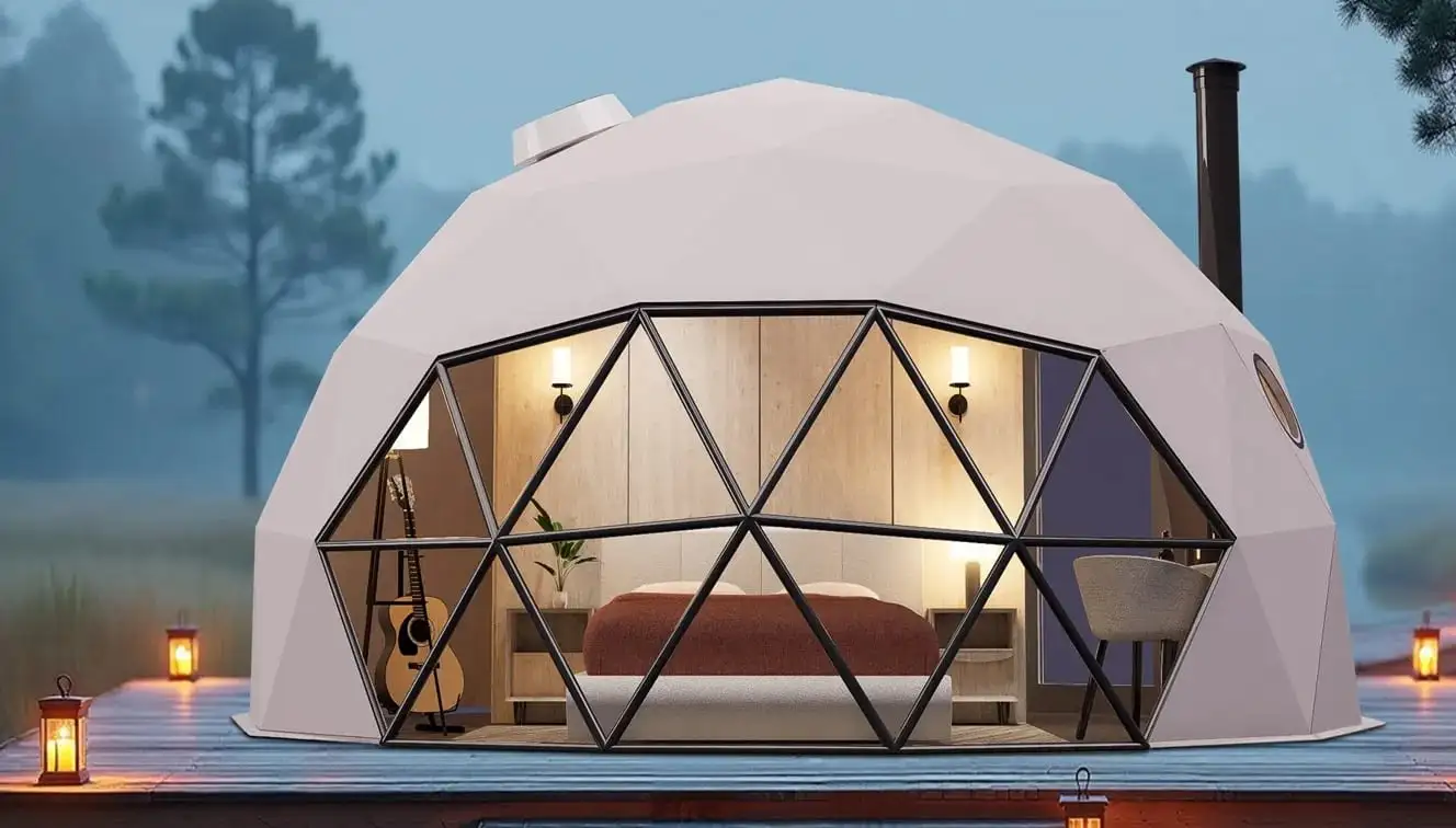 A geodesic dome tent with a glass front panel revealing a cozy bedroom interior, surrounded by lanterns at dusk