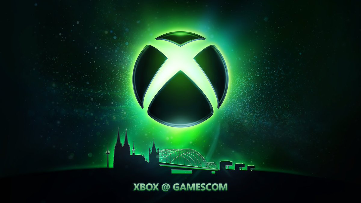 Graphic of a glowing green nexus with the Cologne skyline contrasted underneath. Text at the bottom of the image reads "XBOX @ GAMESCOM."