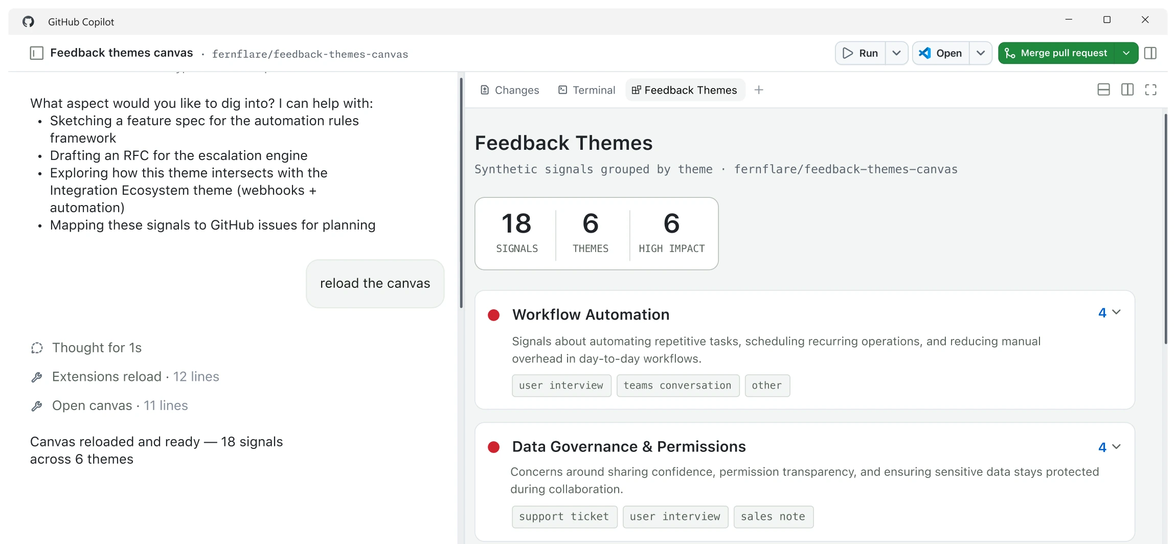 Screenshot of the GitHub Copilot App, showing its chat panel beside a canvas rendered from the user's project.