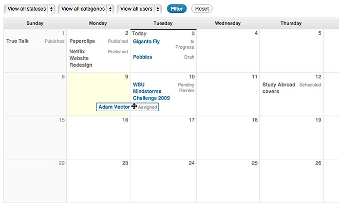 The calendar is a convenient month-by-month look at your content. Filter to specific statuses or categories to drill down.