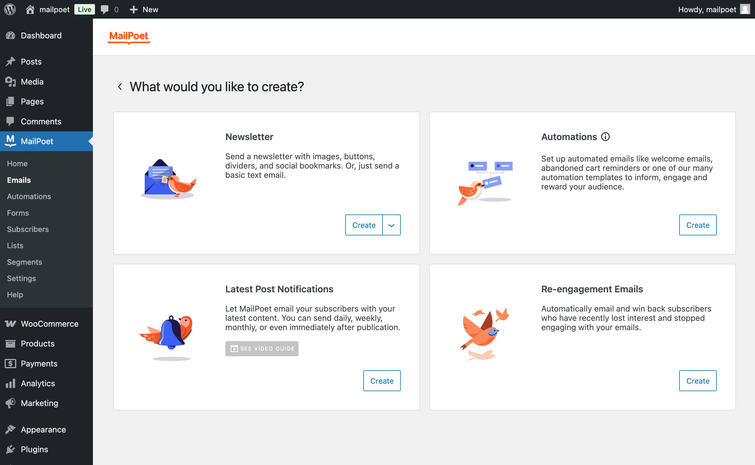 MailPoet e-mailtyper