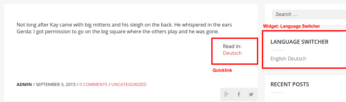 Frontend view of a post showing both the Quicklinks and the Language Switcher widget.