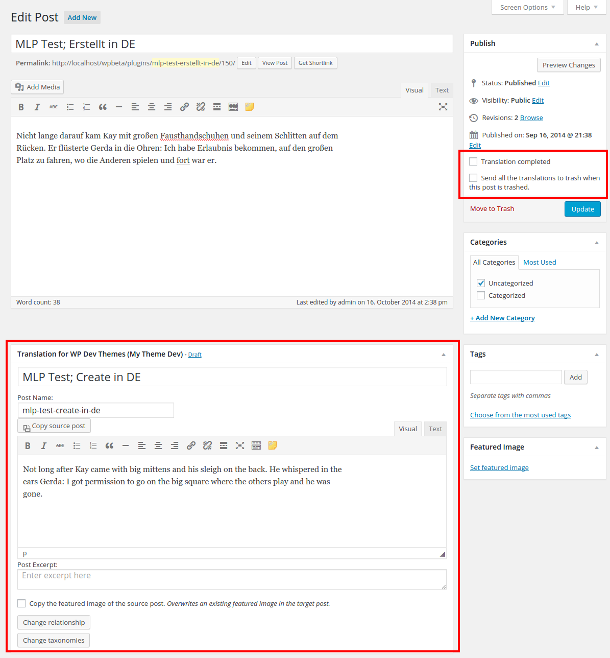 Translate a post directly from the Edit Post page, and set the translation status and Trasher setting.