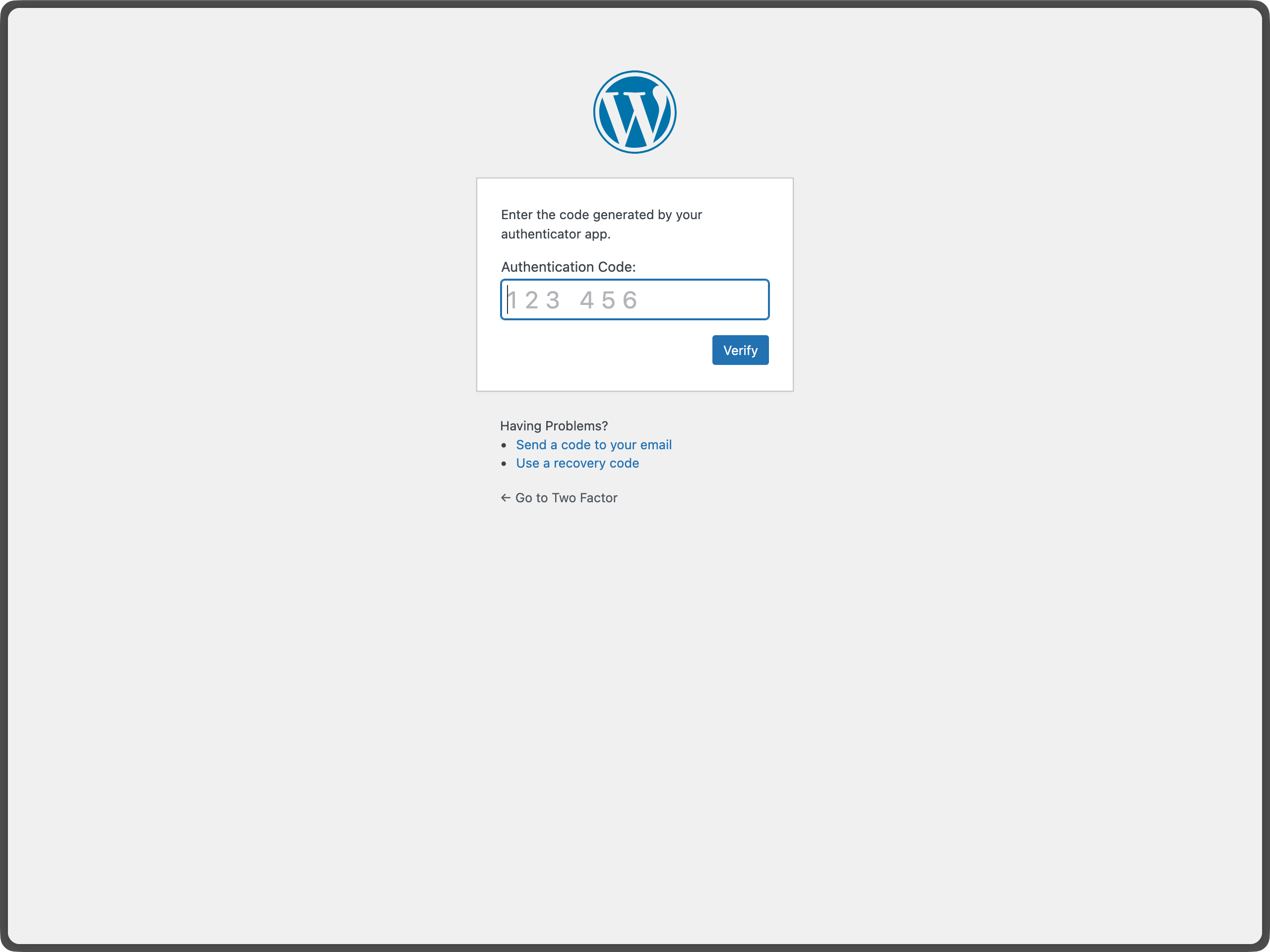 Email Code Authentication during WordPress Login - Shows the email verification screen that appears during login.
