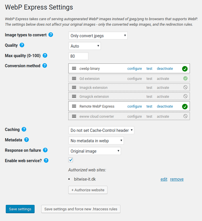 WebP Express settings