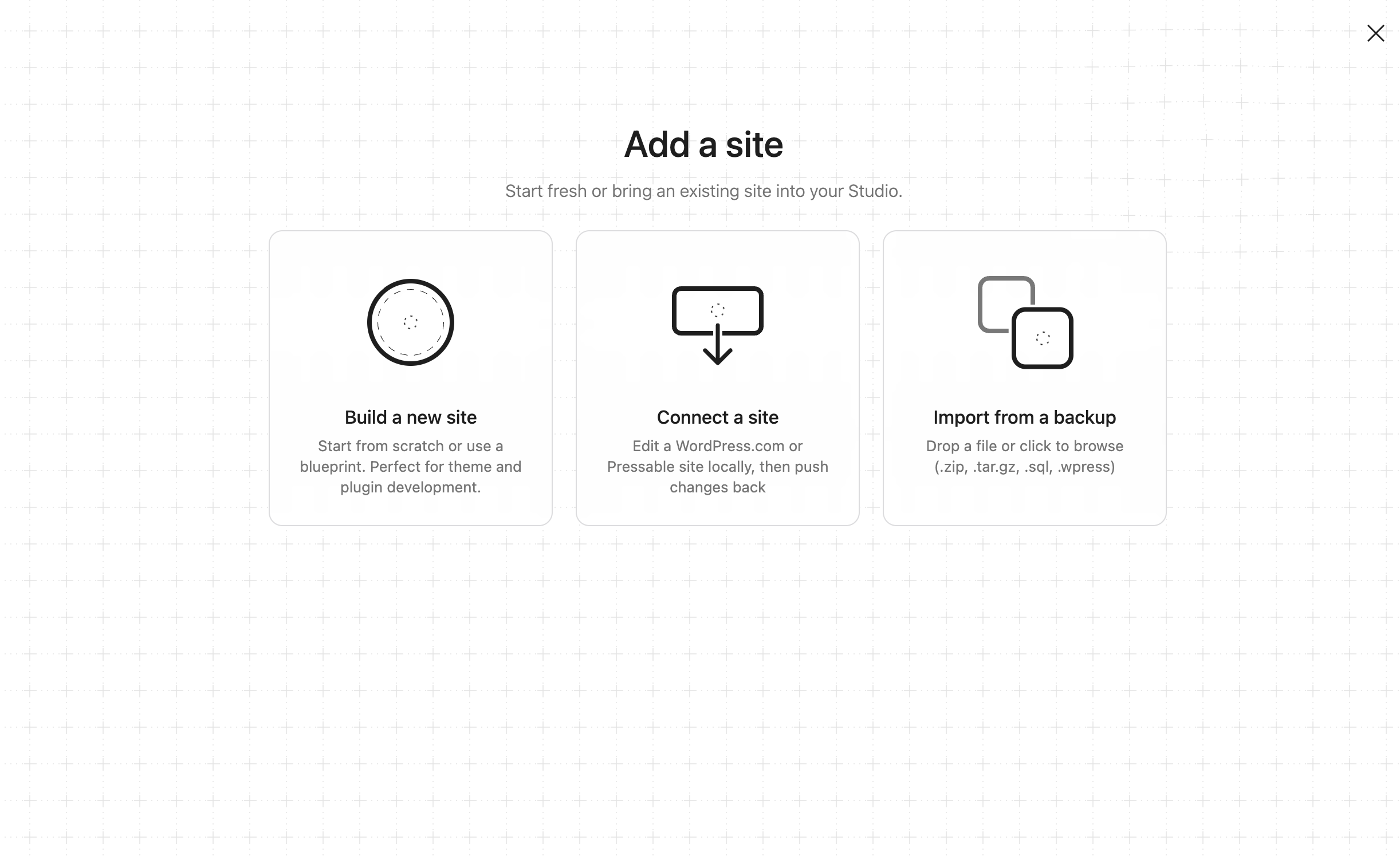 The new "Add a site" screen in WordPress Studio.