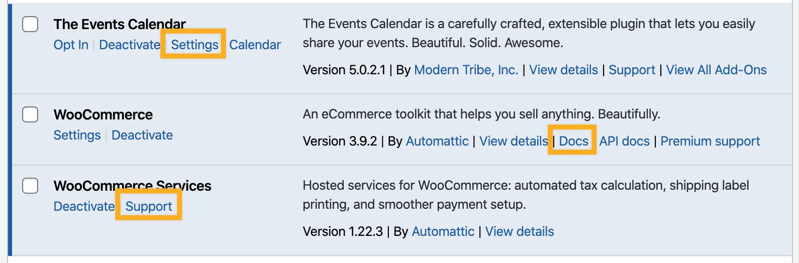 A list of installed plugins with boxes drawn around the "Settings", "Docs", and "Support" links.