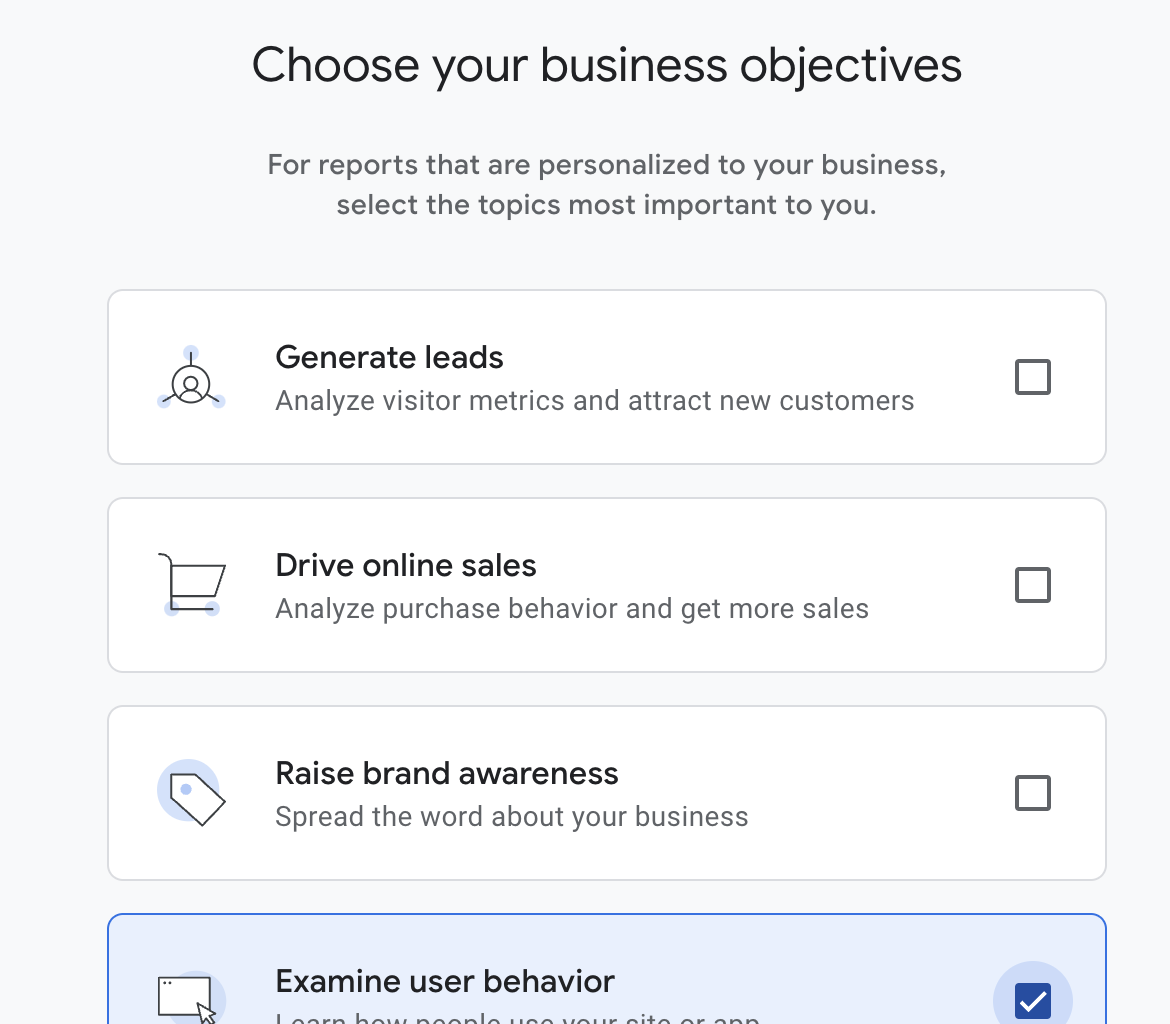 Schermata di Google Analytics per la selezione degli obiettivi commerciali.