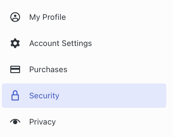 The "Security" menu option in My Profile highlighted.