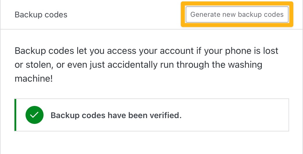 A box drawn around the "Generate new codes" button in the Backup codes section of Security.