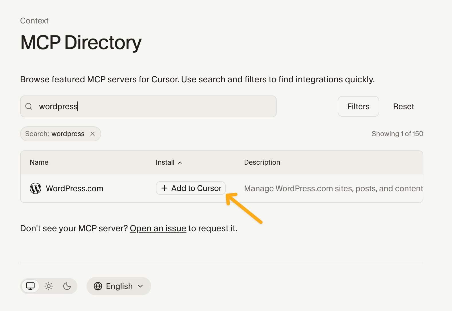 WordPress dans le répertoire MCP de Cursor