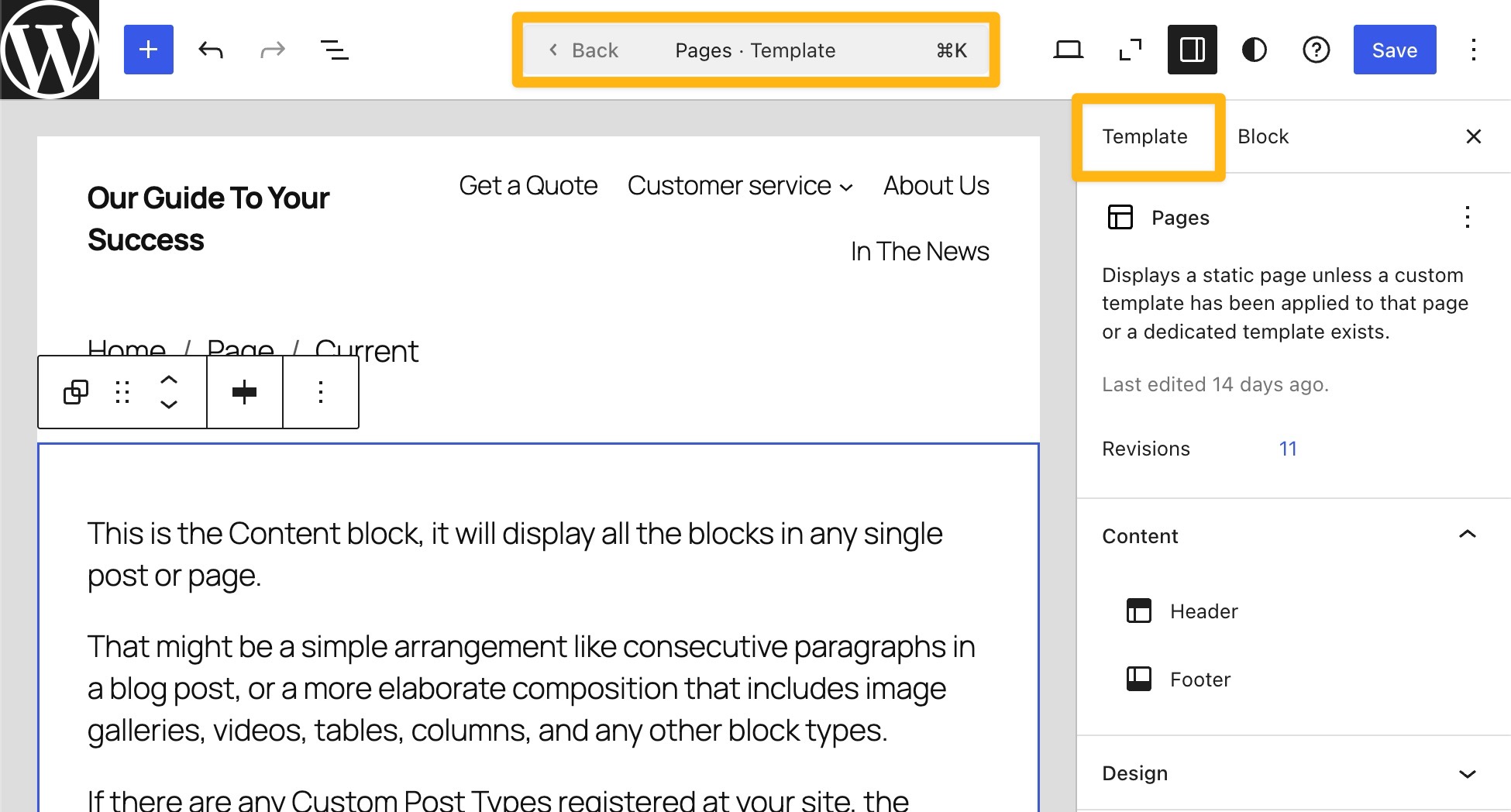 The Template Editor highlighting the Template name and the Template section on the sidebar.