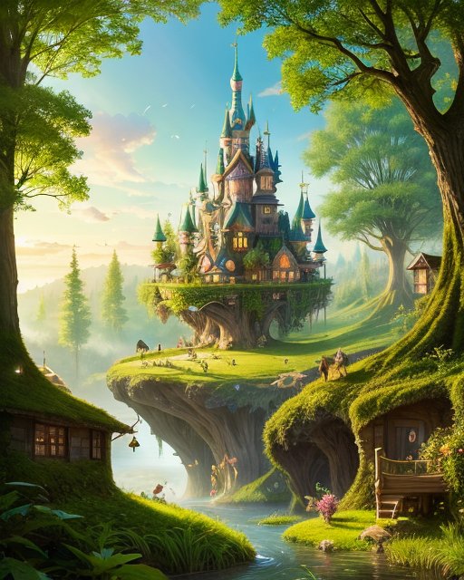 A floating enchanted forest with magical creatures, glowing plants, and whimsical treehouses, harmoniously blending traditional fairy tale elements and futuristic technology in a captivating, dreamlike illustration