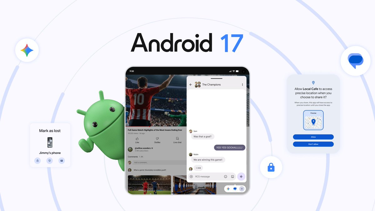 A collage of Android features and the Android Bugdroid mascot below the text "Android 17."