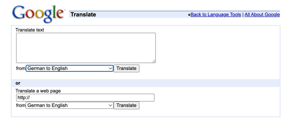 A screenshot of an early, classic version of the Google Translate web interface. It features the old drop-shadow Google logo and two simple sections: one for translating a block of text and another for translating a web page URL. Both have dropdown menus set to "German to English" alongside a "Translate" button.