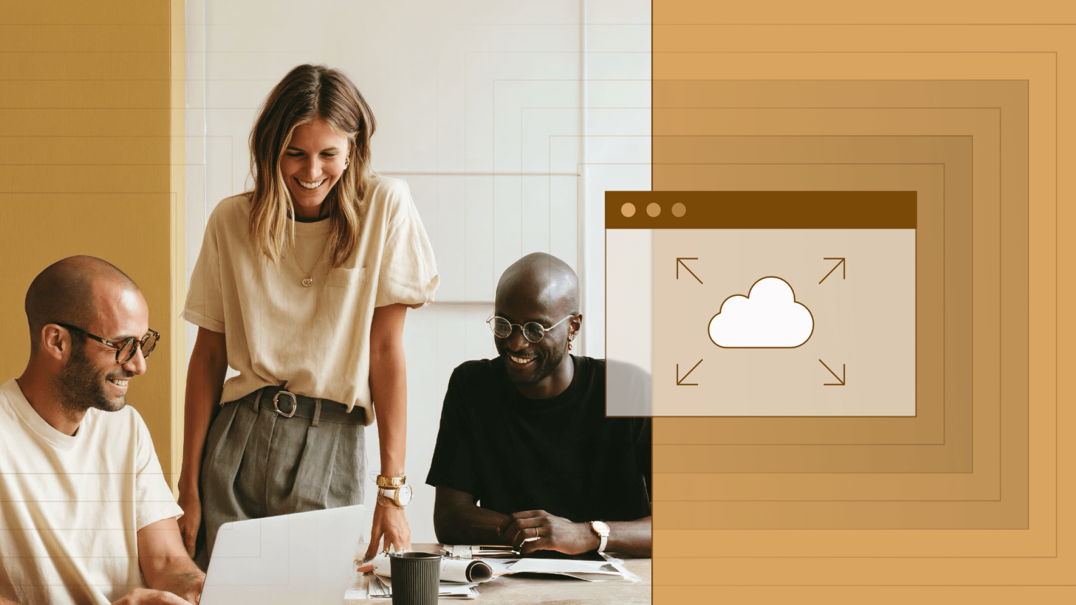 Option 1 (recommended – most concrete and balanced) Three colleagues collaborating around a laptop at a table, paired with an illustrated cloud interface showing arrows pointing outward to represent scalable infrastructure.