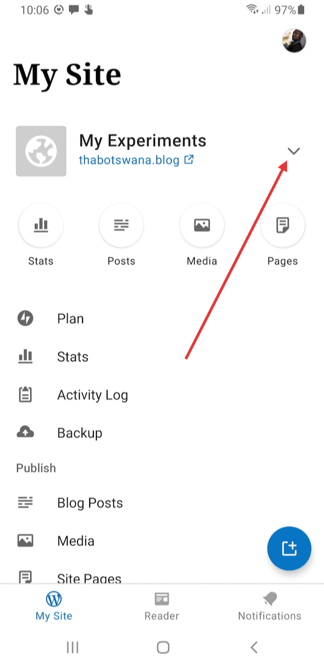 WordPress mobil uygulamasında Sitem ekranı