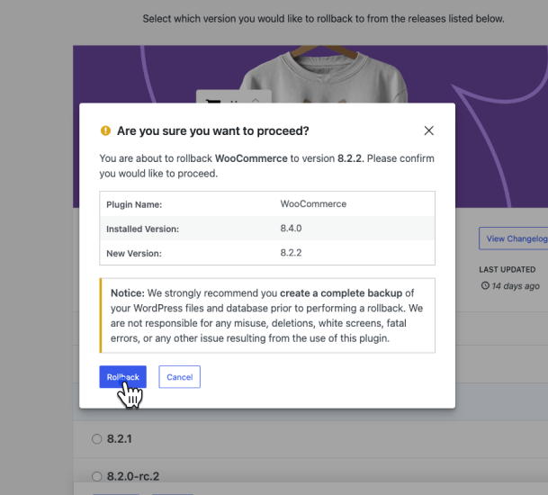 Confirm you would like to proceed with the rollback.