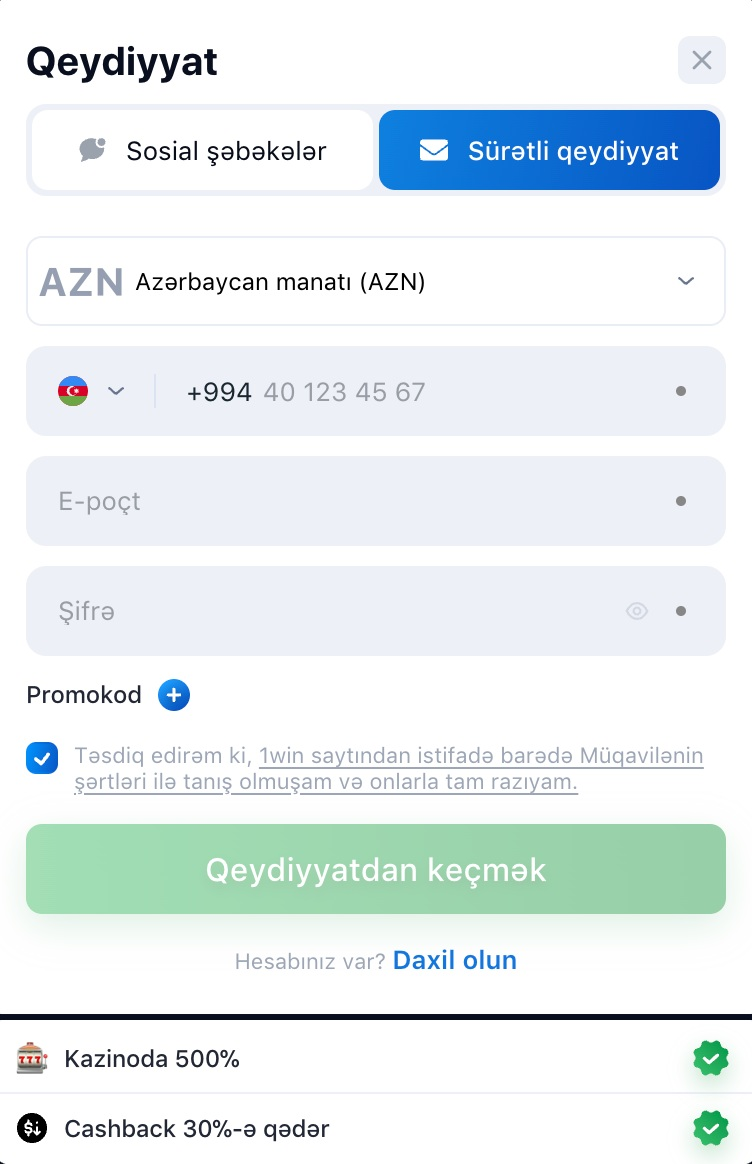 1Win Qeydiyyat Forması