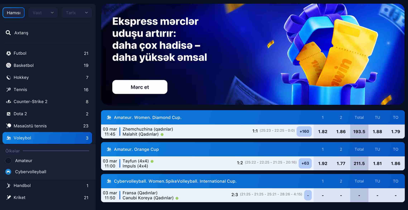 1Win kazinosunda idman mərcləri bölməsi