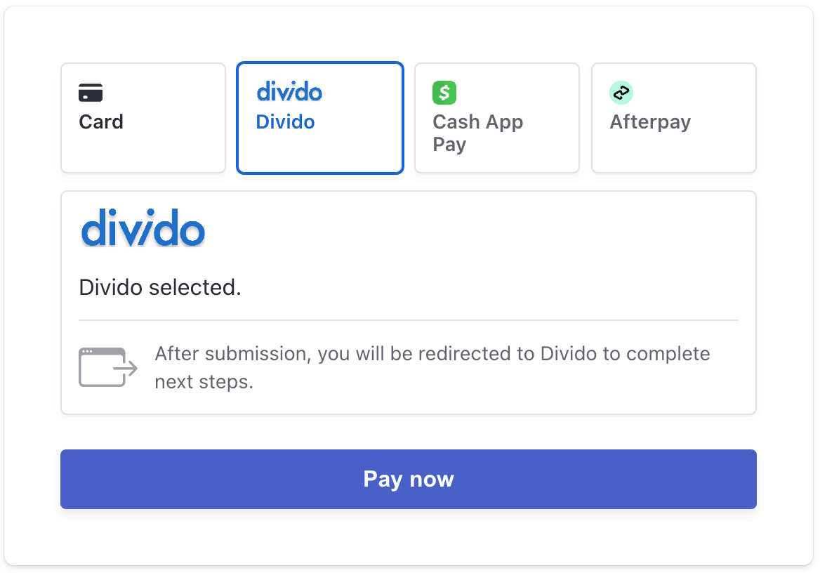 Screenshot of what Payment Element looks like when Divido is selected