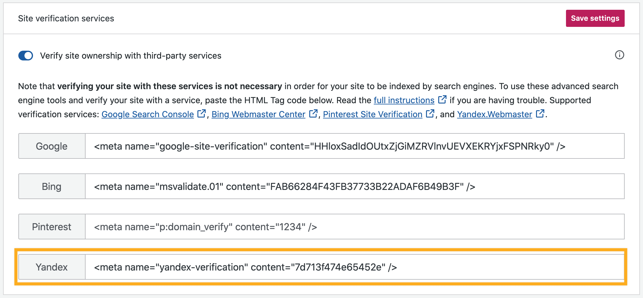 Yandex - Servicios de verificación de sitios