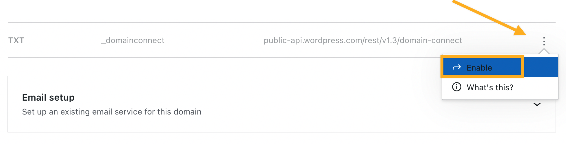 An arrow points to the ... next to the domain, and the Enable option is highlighted.