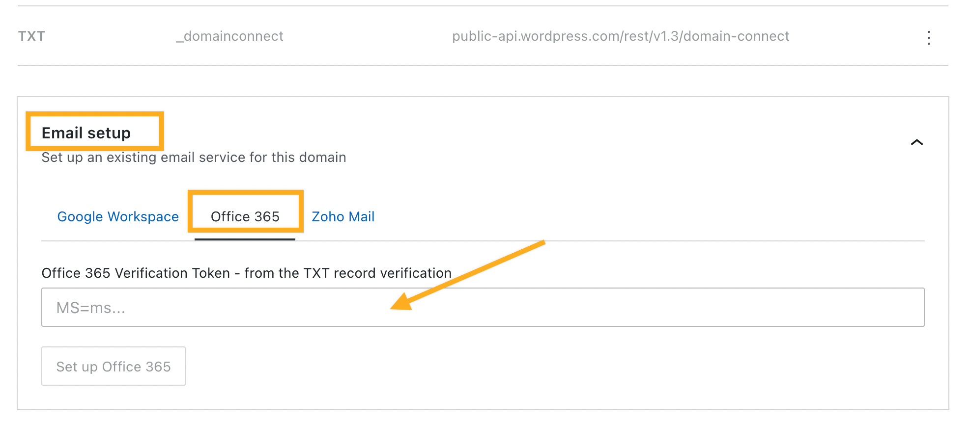 Use Email Setup to choose Office 365 -- the second from the left, after Google Workspace.