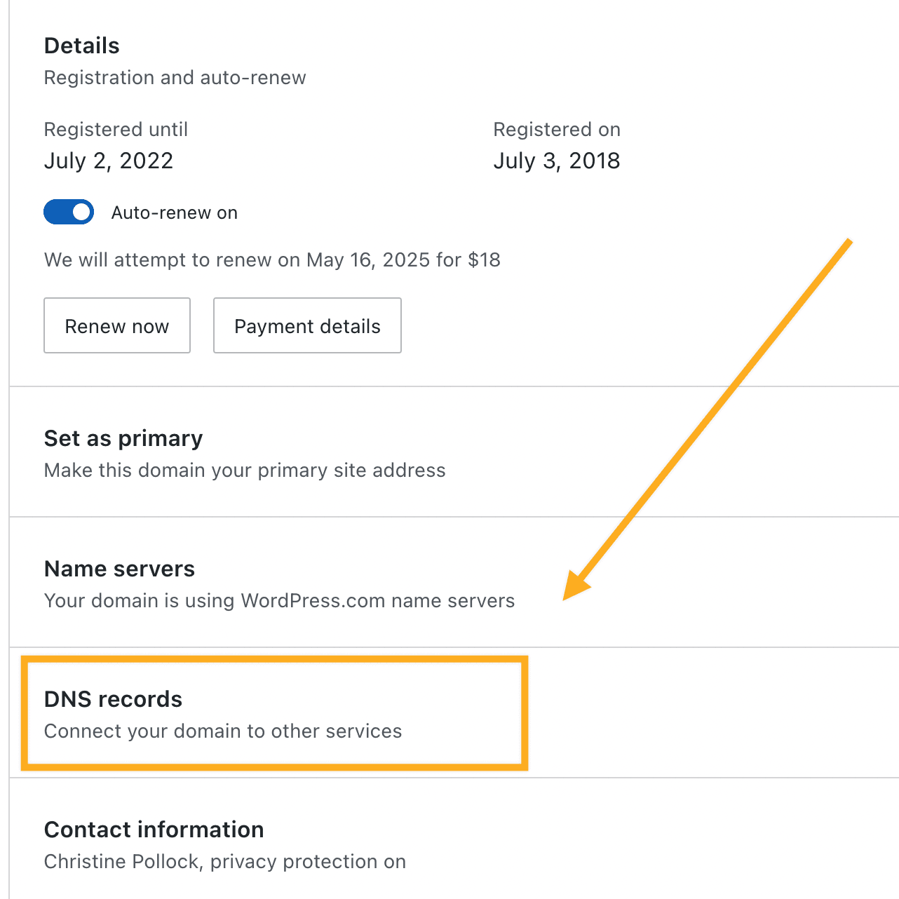 DNS records are the third option, right under Name servers.