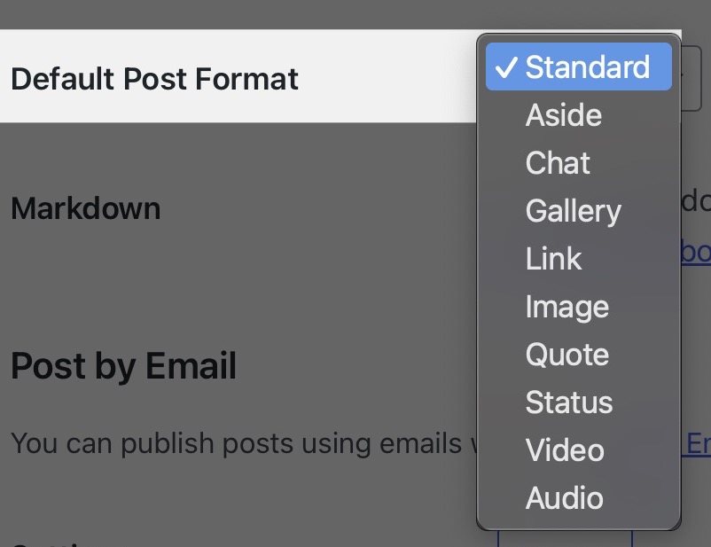 Der Abschnitt „Standard-Beitragsformat“ wurde erweitert, um die verschiedenen Optionen für das Beitragsformat anzuzeigen.