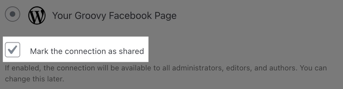 L'opzione "Contrassegna la connessione come condivisa" nelle impostazioni di condivisione della connessione Facebook, come esempio.
