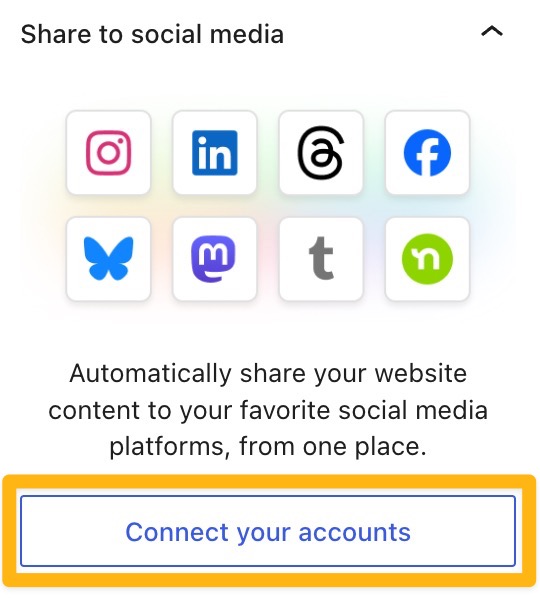 Una casella disegnata intorno al pulsante "Connetti i tuoi account" in Condividi sui social media.