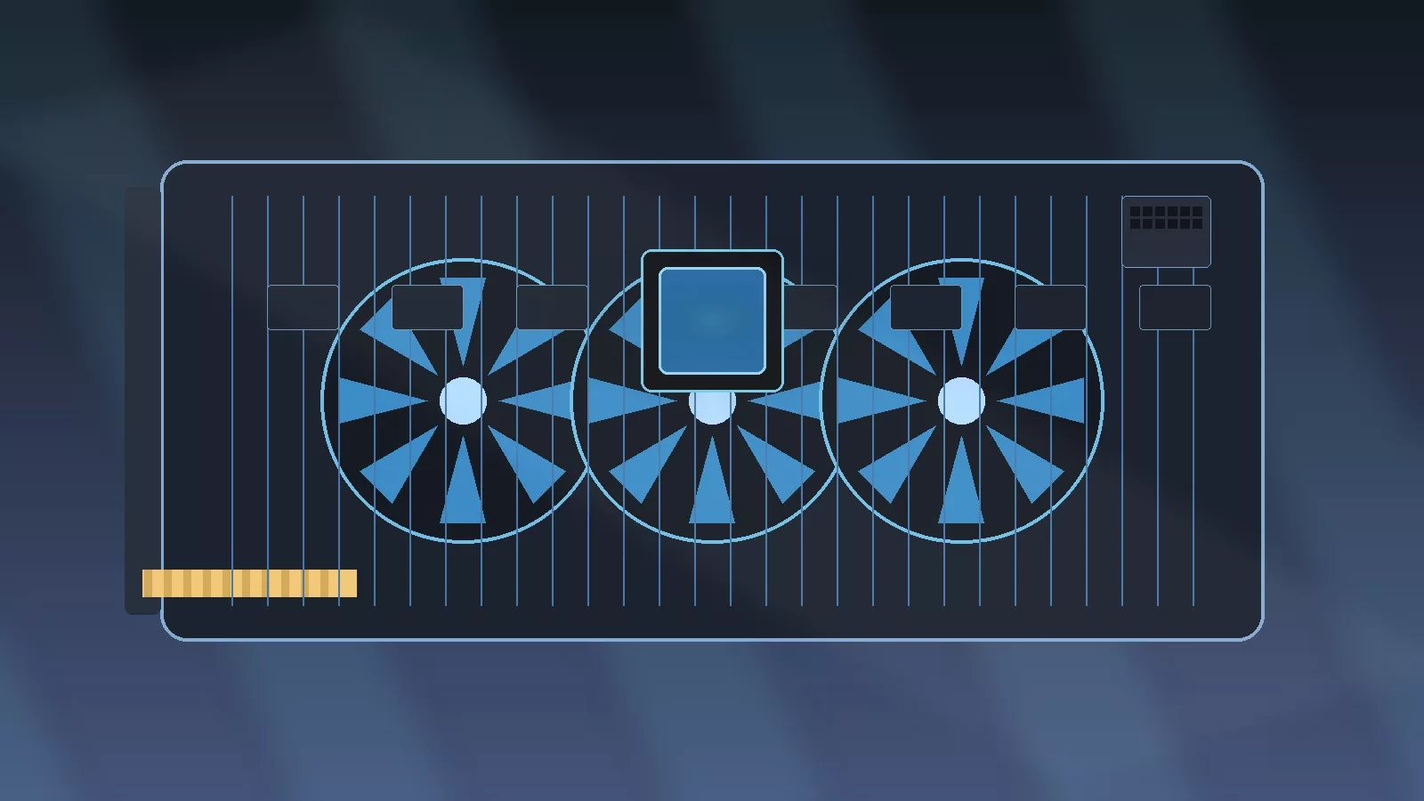 Which GPU Should You Buy? The Mega Guide to Shaders, VRAM, Bandwidth & Real-World Performance Illustration of a GPU graphics card showing three large cooling fans, a highlighted GPU chip in the center, gold connector pins on the left, and a power connector on the right—showcasing real-world performance against a dark blue background.