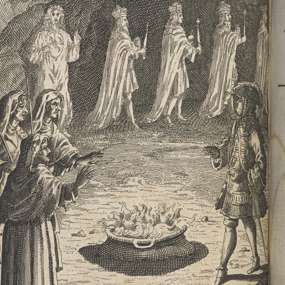 Frontispiece for Macbeth in the first illustrated works of Shakespeare edited by Nicholas Rowe, 1709