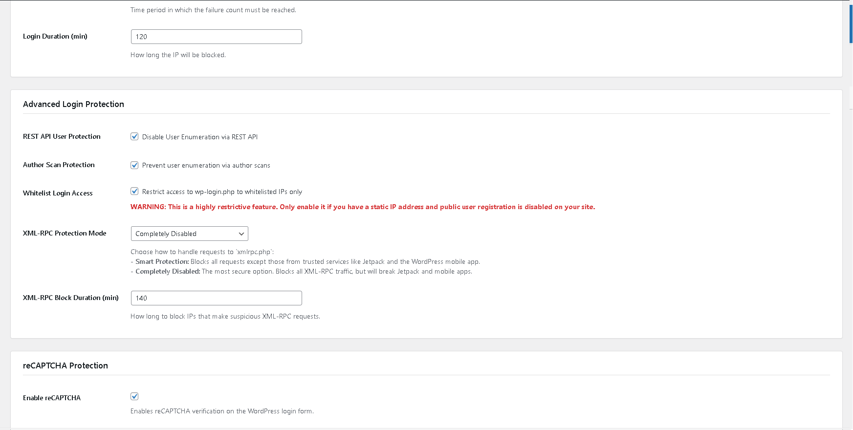 The main Settings page to configure all protection modules like WAF and Rate Limiting.