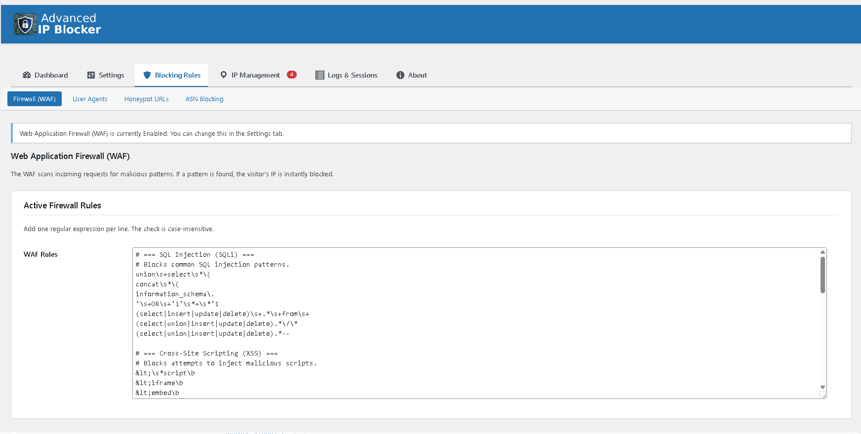 Powerful Web Application Firewall (WAF) with recommended rules.