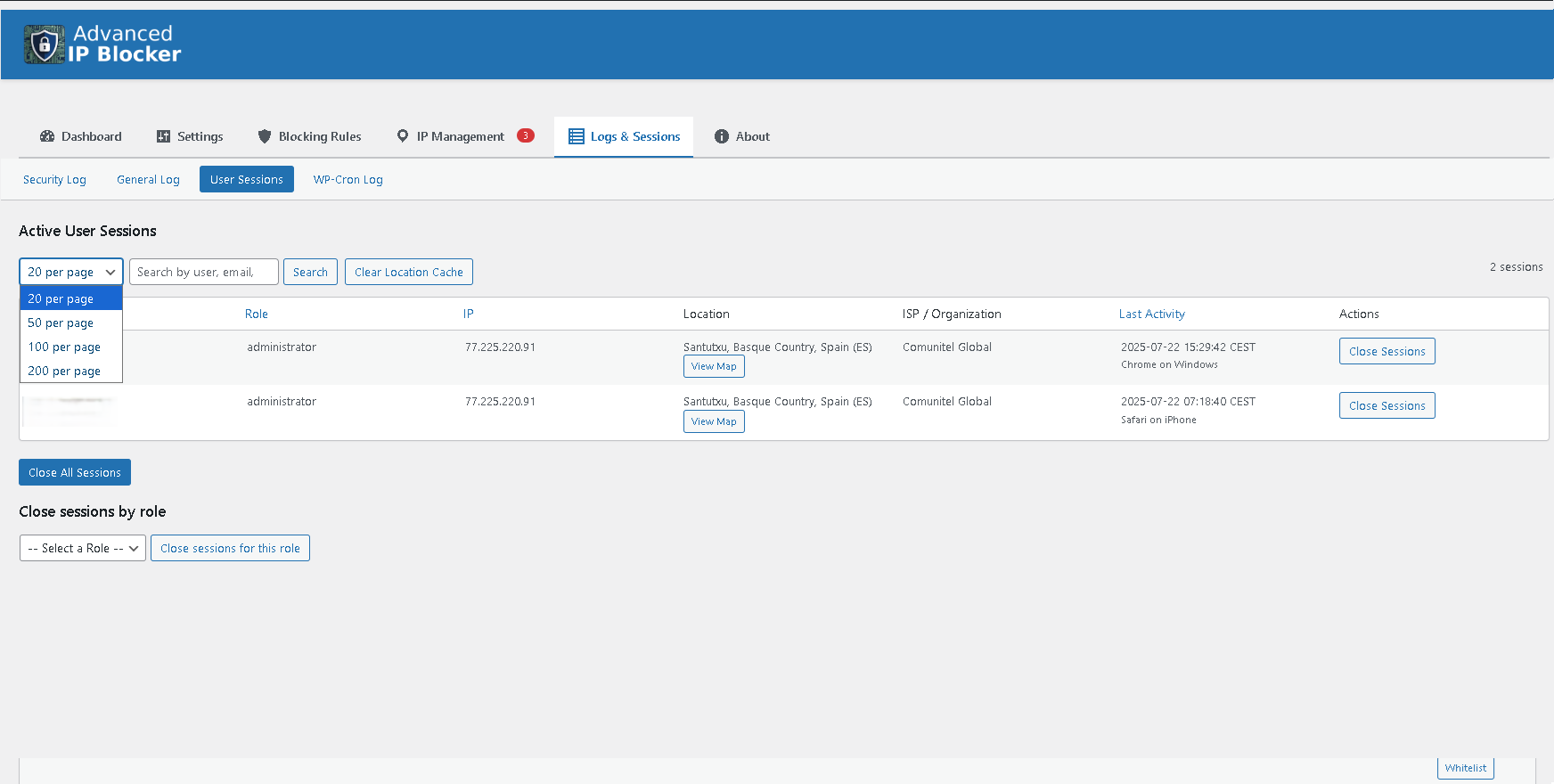 Active User Session Management to monitor and terminate logged-in users.