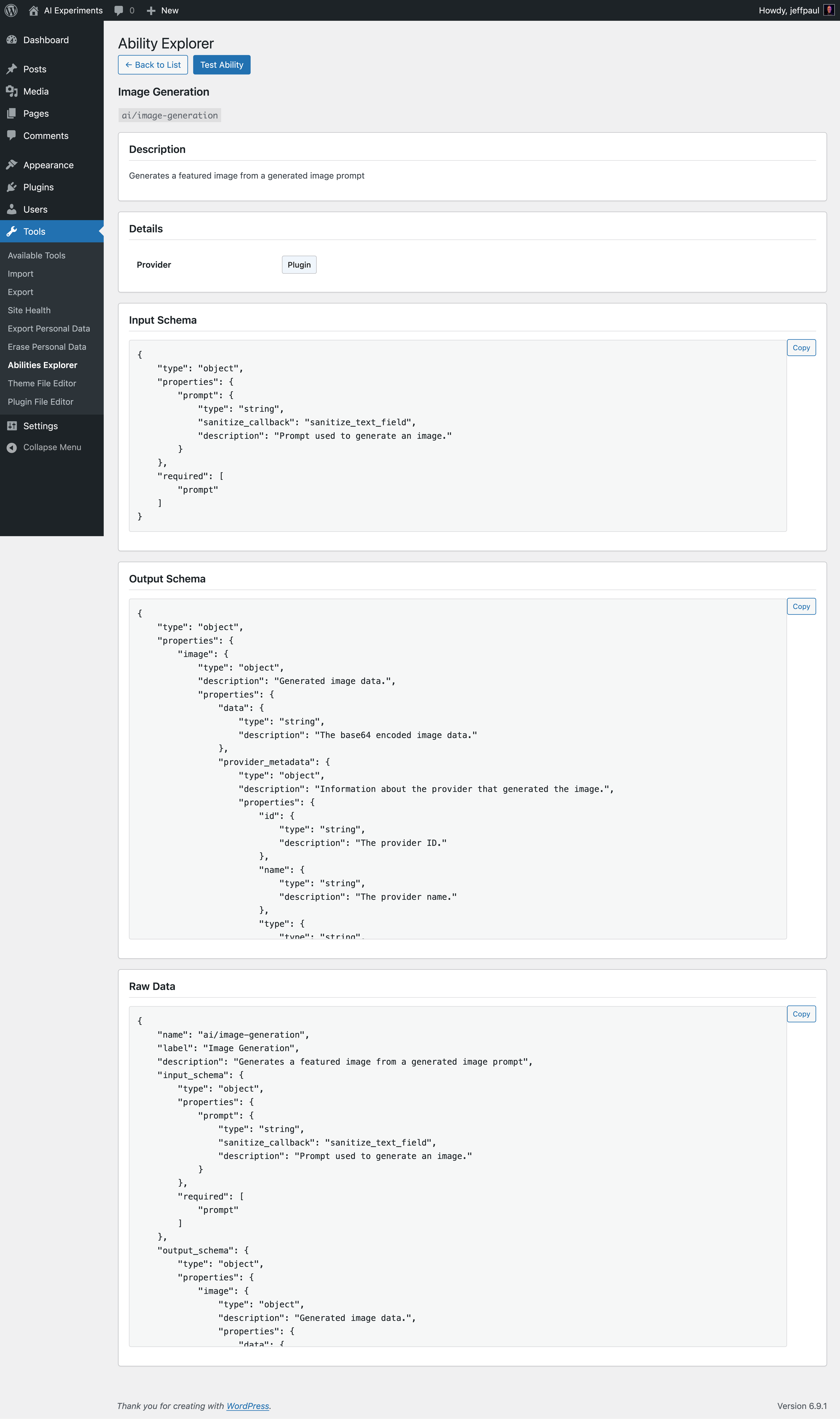 Abilities Explorer's view details screen showing an AI ability’s description, provider, input schema, output schema, and raw data.