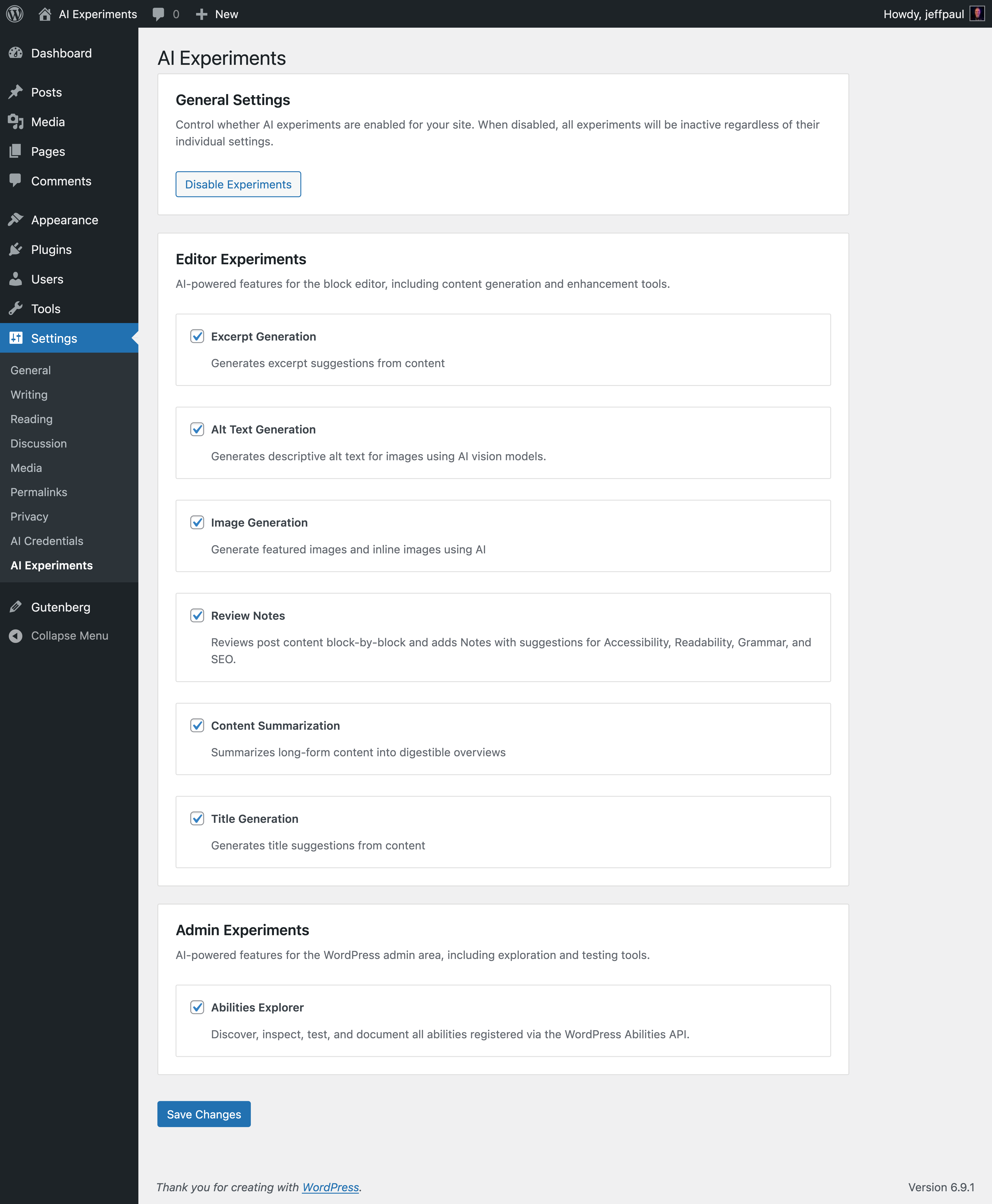 AI settings screen showing toggles to enable specific experiments.