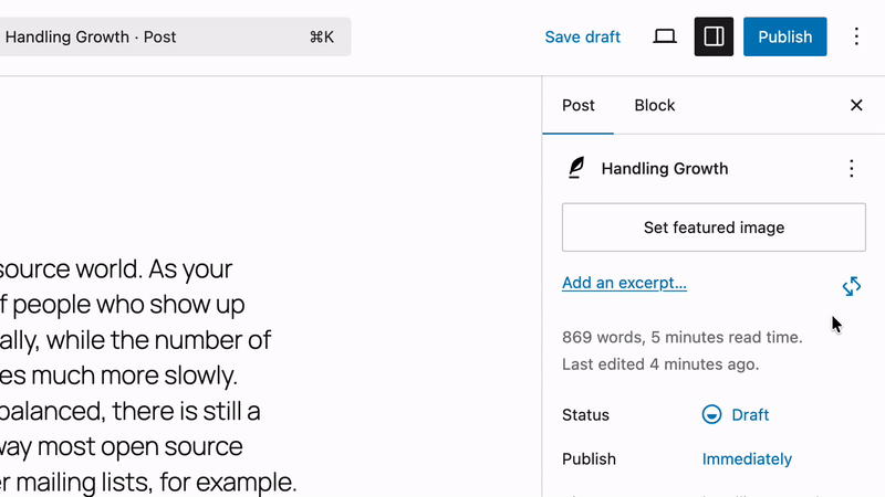 Post editor sidebar showing Generate Excerpt button and generated excerpt.