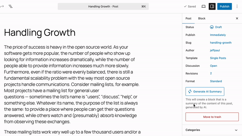 Post editor sidebar showing Generate AI Summary button and the generated content summary within a Content Summary block.