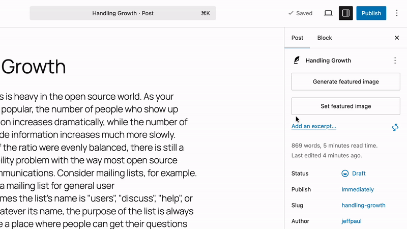 Post editor sidebar showing Generate featured image button and the generated featured image preview with Alt Text, Title, and Description.