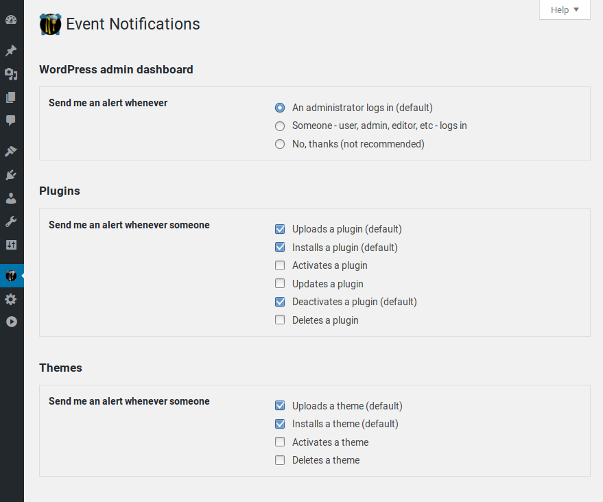 Event notifications can alert you by email on specific events triggered within your blog.